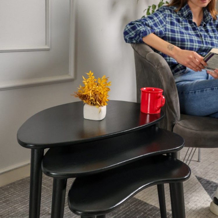 Siyah Doğal Ahşap Zigon Sehpa 3'lü Set, Modern Masif Yan Sehpa Yeni Nesil Dekor Siyah Doğal Ahşap Zigon Sehpa 3'lü Set, Modern Masif Yan Sehpa Yeni Nesil Dekor