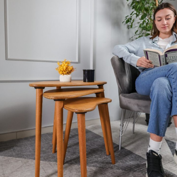 Meşe Doğal Ahşap Zigon Sehpa 3'lü Set, Modern Masif Yan Sehpa Yeni Nesil Dekor Meşe Doğal Ahşap Zigon Sehpa 3'lü Set, Modern Masif Yan Sehpa Yeni Nesil Dekor