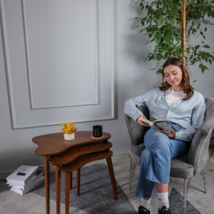 Ceviz Masif Doğal Ahşap Zigon Sehpa 3'lü Set, Modern Masif Yan Sehpa Ceviz Masif Doğal Ahşap Zigon Sehpa 3'lü Set, Modern Masif Yan Sehpa