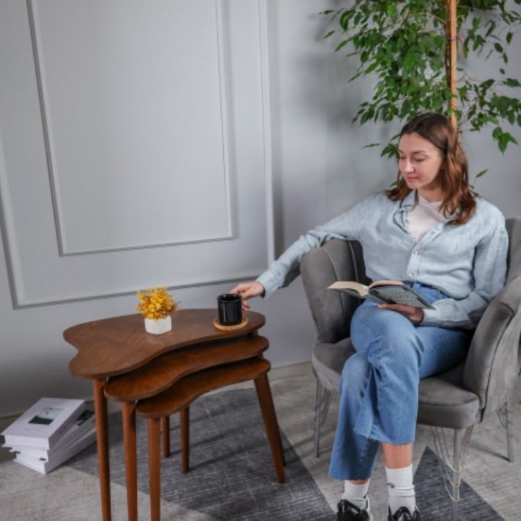 Ceviz Masif Doğal Ahşap Zigon Sehpa 3'lü Set, Modern Masif Yan Sehpa Ceviz Masif Doğal Ahşap Zigon Sehpa 3'lü Set, Modern Masif Yan Sehpa