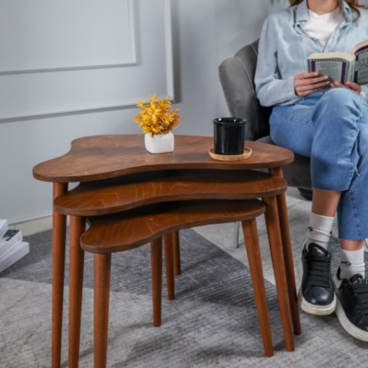 Ceviz Masif Doğal Ahşap Zigon Sehpa 3'lü Set, Modern Masif Yan Sehpa Ceviz Masif Doğal Ahşap Zigon Sehpa 3'lü Set, Modern Masif Yan Sehpa