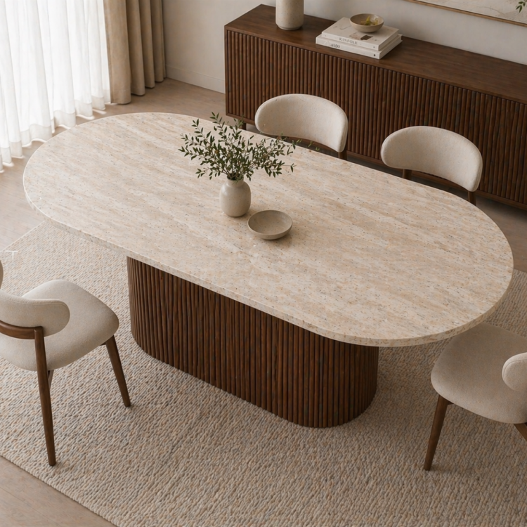 Modern Traverten Yemek Masası Ceviz Ahşap Ayaklı 160x90 cm Oval Tasarım Modern Traverten Yemek Masası Ceviz Ahşap Ayaklı 160x90 cm Oval Tasarım