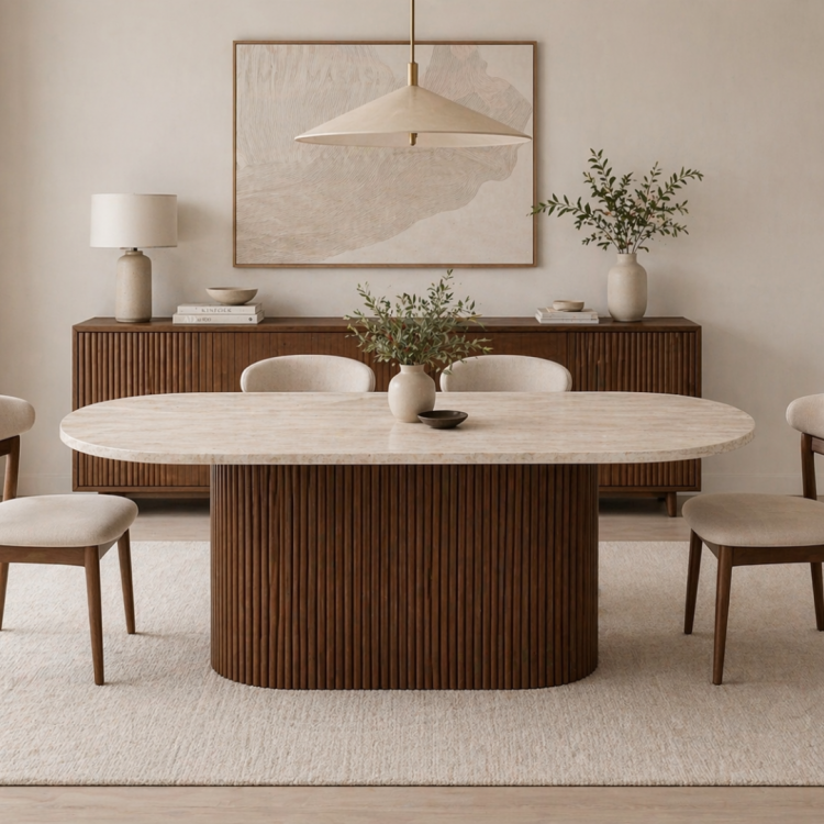 Modern Traverten Yemek Masası Ceviz Ahşap Ayaklı 160x90 cm Oval Tasarım Modern Traverten Yemek Masası Ceviz Ahşap Ayaklı 160x90 cm Oval Tasarım