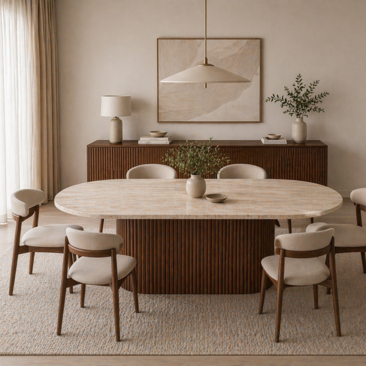 Modern Traverten Yemek Masası Ceviz Ahşap Ayaklı 160x90 cm Oval Tasarım Modern Traverten Yemek Masası Ceviz Ahşap Ayaklı 160x90 cm Oval Tasarım