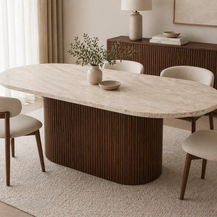 Modern Traverten Yemek Masası Ceviz Ahşap Ayaklı 160x90 cm Oval Tasarım Modern Traverten Yemek Masası Ceviz Ahşap Ayaklı 160x90 cm Oval Tasarım