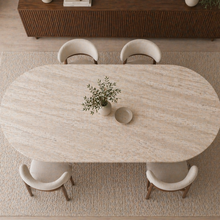 Modern Traverten Yemek Masası Ceviz Ahşap Ayaklı 160x90 cm Oval Tasarım Modern Traverten Yemek Masası Ceviz Ahşap Ayaklı 160x90 cm Oval Tasarım