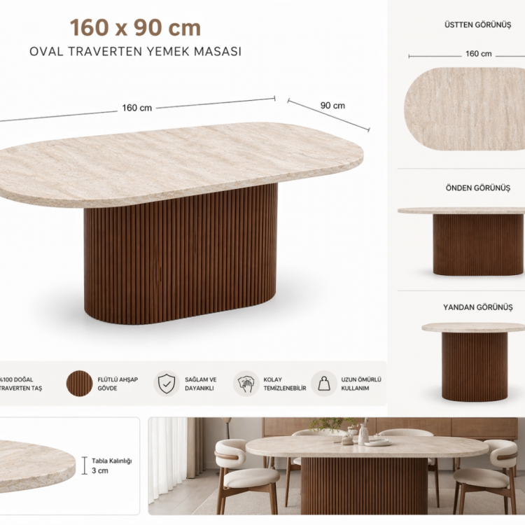 Modern Traverten Yemek Masası Ceviz Ahşap Ayaklı 160x90 cm Oval Tasarım Modern Traverten Yemek Masası Ceviz Ahşap Ayaklı 160x90 cm Oval Tasarım