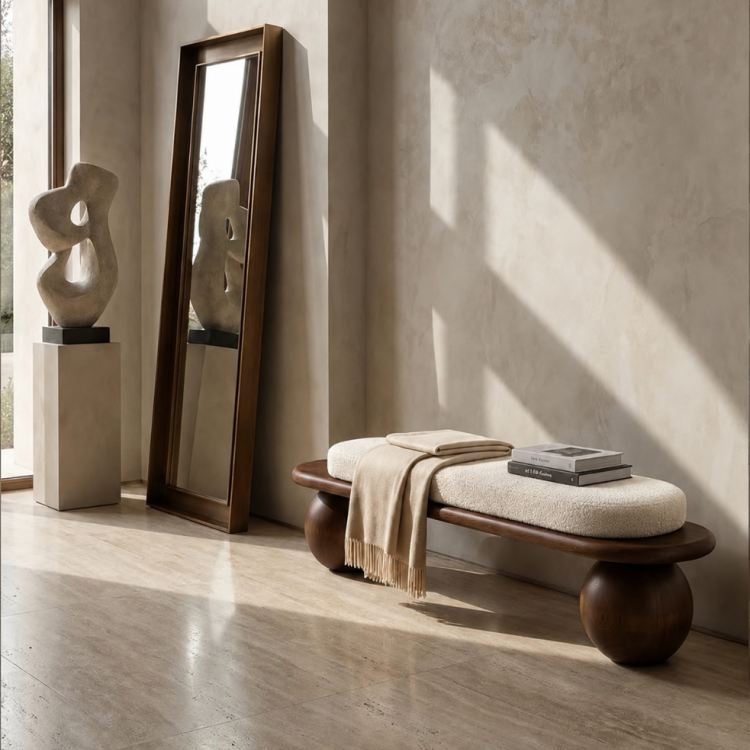 Masif Kayın Ağacı Bench Puf 150 cm – Döşemeli Top Ayaklı Antre ve Yatak Odası Oturma Bankı Masif Kayın Ağacı Bench Puf 150 cm – Döşemeli Top Ayaklı Antre ve Yatak Odası Oturma Bankı
