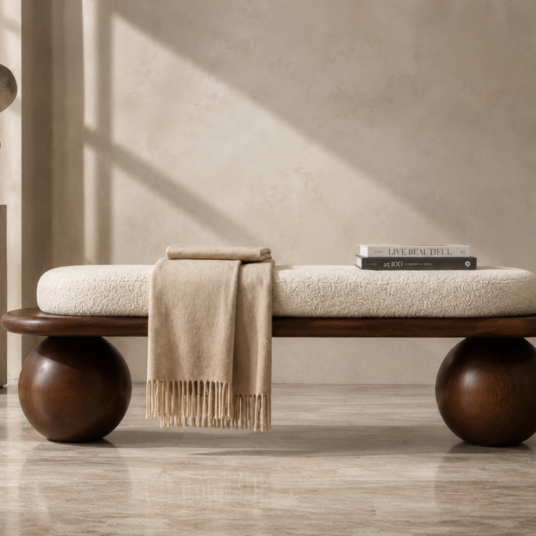 Masif Kayın Ağacı Bench Puf 150 cm – Döşemeli Top Ayaklı Antre ve Yatak Odası Oturma Bankı Masif Kayın Ağacı Bench Puf 150 cm – Döşemeli Top Ayaklı Antre ve Yatak Odası Oturma Bankı