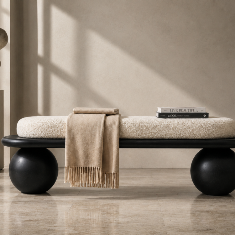 Masif Kayın Ağacı Bench Puf 150 cm – Döşemeli Top Ayaklı Antre ve Yatak Odası Oturma Bankı Masif Kayın Ağacı Bench Puf 150 cm – Döşemeli Top Ayaklı Antre ve Yatak Odası Oturma Bankı