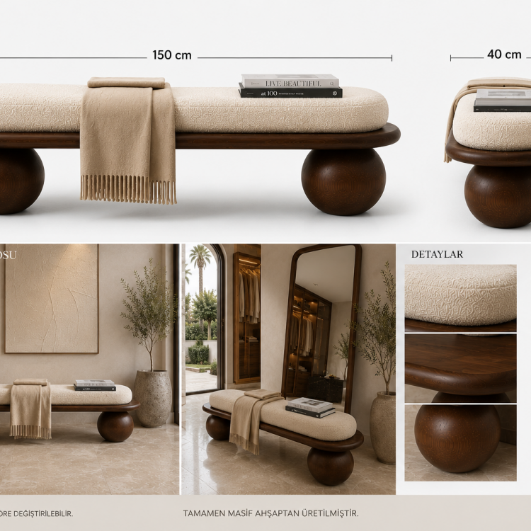 Masif Kayın Ağacı Bench Puf 150 cm – Döşemeli Top Ayaklı Antre ve Yatak Odası Oturma Bankı