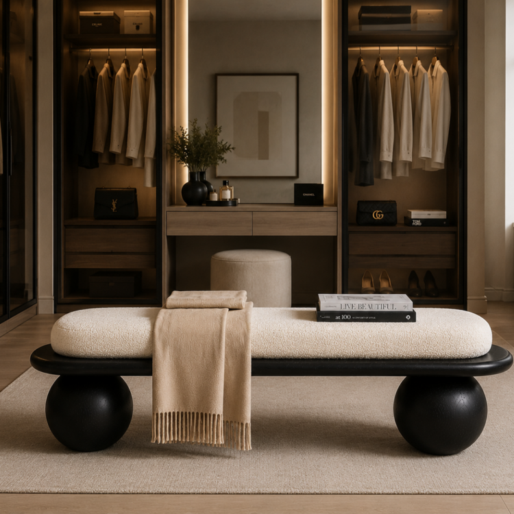 Masif Kayın Ağacı Bench Puf 150 cm – Döşemeli Top Ayaklı Antre ve Yatak Odası Oturma Bankı Masif Kayın Ağacı Bench Puf 150 cm – Döşemeli Top Ayaklı Antre ve Yatak Odası Oturma Bankı