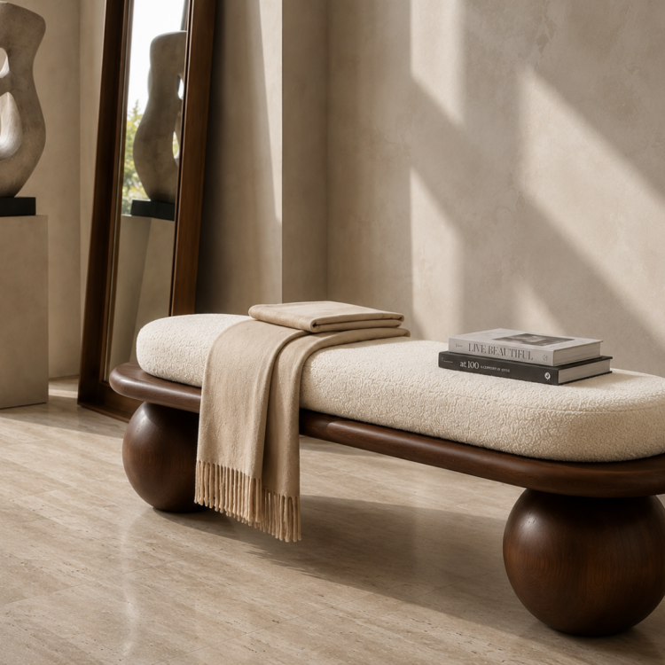 Masif Kayın Ağacı Bench Puf 150 cm – Döşemeli Top Ayaklı Antre ve Yatak Odası Oturma Bankı Masif Kayın Ağacı Bench Puf 150 cm – Döşemeli Top Ayaklı Antre ve Yatak Odası Oturma Bankı