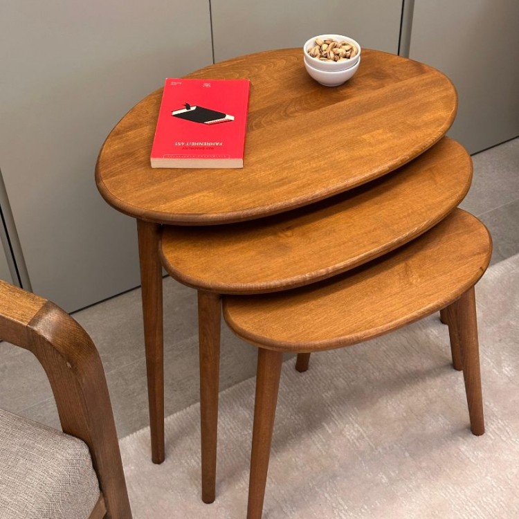 Ceviz Masif Doğal Ahşap Zigon Sehpa 3'lü Set, Modern Masif Yan Sehpa Oval Ceviz Masif Doğal Ahşap Zigon Sehpa 3'lü Set, Modern Masif Yan Sehpa Oval