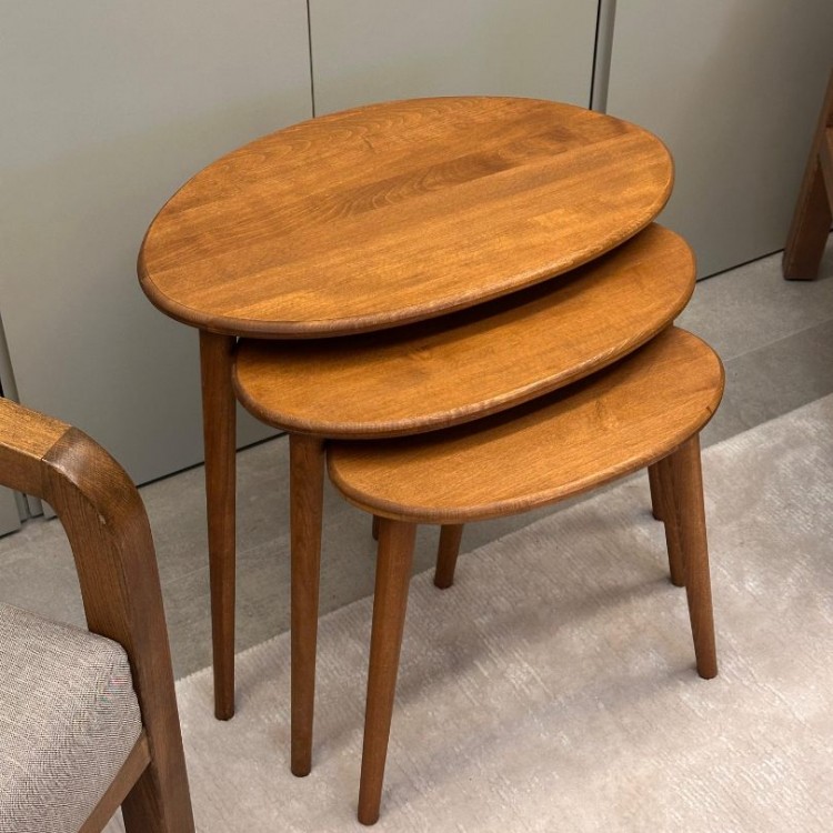 Ceviz Masif Doğal Ahşap Zigon Sehpa 3'lü Set, Modern Masif Yan Sehpa Oval Ceviz Masif Doğal Ahşap Zigon Sehpa 3'lü Set, Modern Masif Yan Sehpa Oval