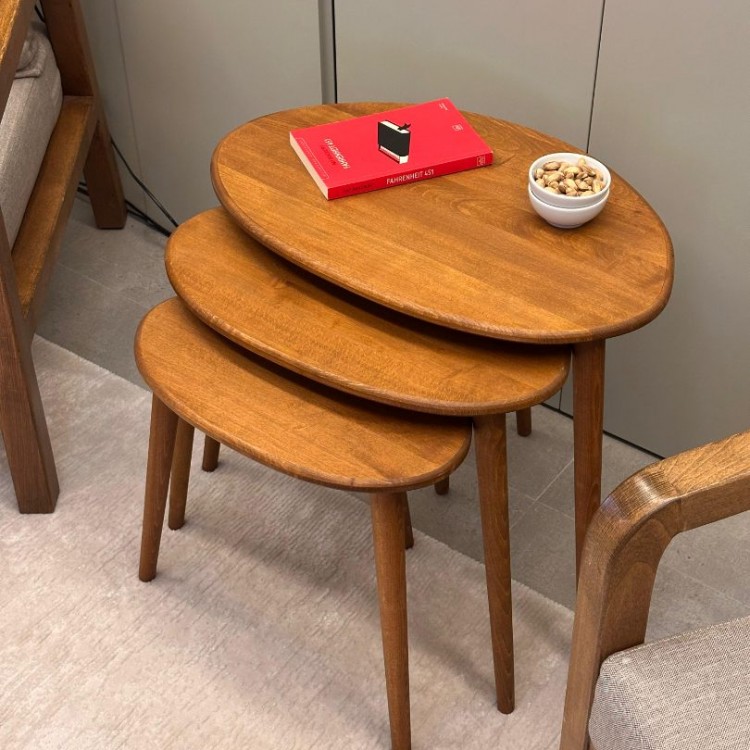 Ceviz Masif Doğal Ahşap Zigon Sehpa 3'lü Set, Modern Masif Yan Sehpa Oval Ceviz Masif Doğal Ahşap Zigon Sehpa 3'lü Set, Modern Masif Yan Sehpa Oval