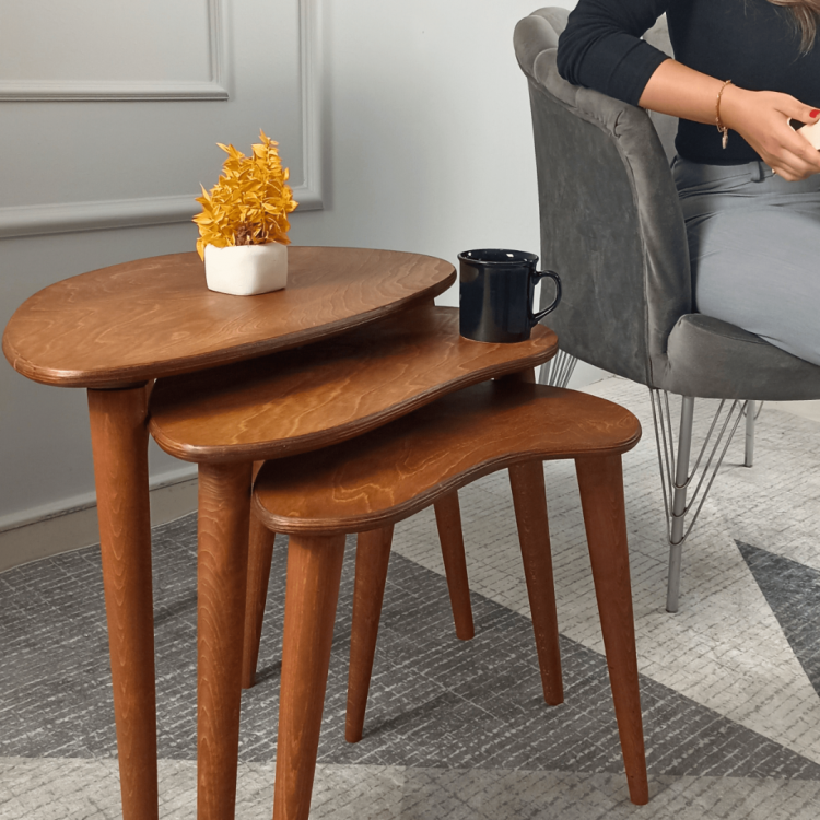 Masif Doğal Ahşap Ceviz Zigon Sehpa 3'lü Set, Modern Masif Yan Sehpa Masif Doğal Ahşap Ceviz Zigon Sehpa 3'lü Set, Modern Masif Yan Sehpa