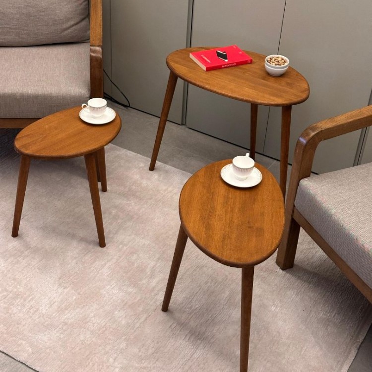 Ceviz Masif Doğal Ahşap Zigon Sehpa 3'lü Set, Modern Masif Yan Sehpa Oval Ceviz Masif Doğal Ahşap Zigon Sehpa 3'lü Set, Modern Masif Yan Sehpa Oval