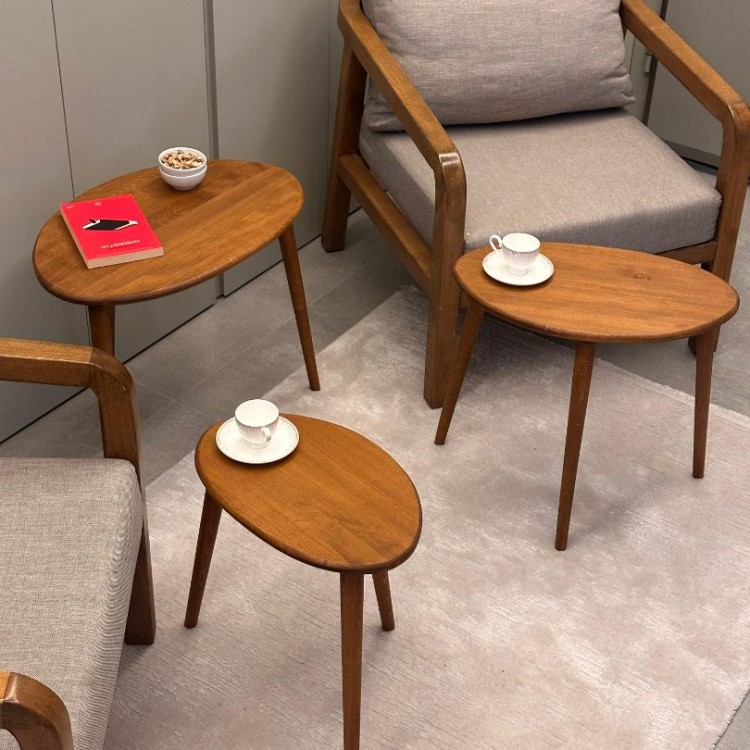 Ceviz Masif Doğal Ahşap Zigon Sehpa 3'lü Set, Modern Masif Yan Sehpa Oval Ceviz Masif Doğal Ahşap Zigon Sehpa 3'lü Set, Modern Masif Yan Sehpa Oval
